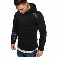 mens drawstring hoodies long sleeve outerwear pullover sweatshirts vintage faux leather patchwork lace up hooded autumn winter