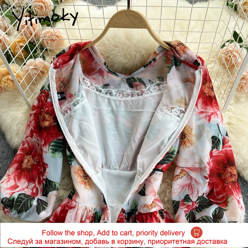 

Yitimoky Boho Floral Print High Waist Dresses Women Puff Sleeve Bow Lace Up O-Neck Blue Yellow A-Line 2021 Summer Clothes Korean