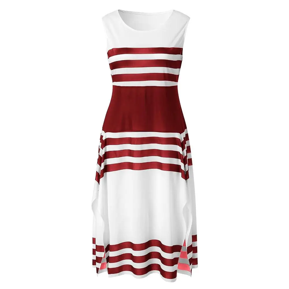 

2020 Summer Women Dresses Fashion Stripe Sleeveless Round Neck Casual Dress Female Irregular Midi Party dresses
