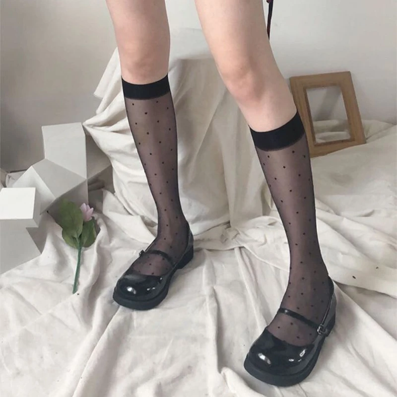 

Women Summer Sexy Transparent Calf Socks Harajuku Vintage Polka Dot Print Jacquard See-Through Mesh Lolita Knee Hosiery