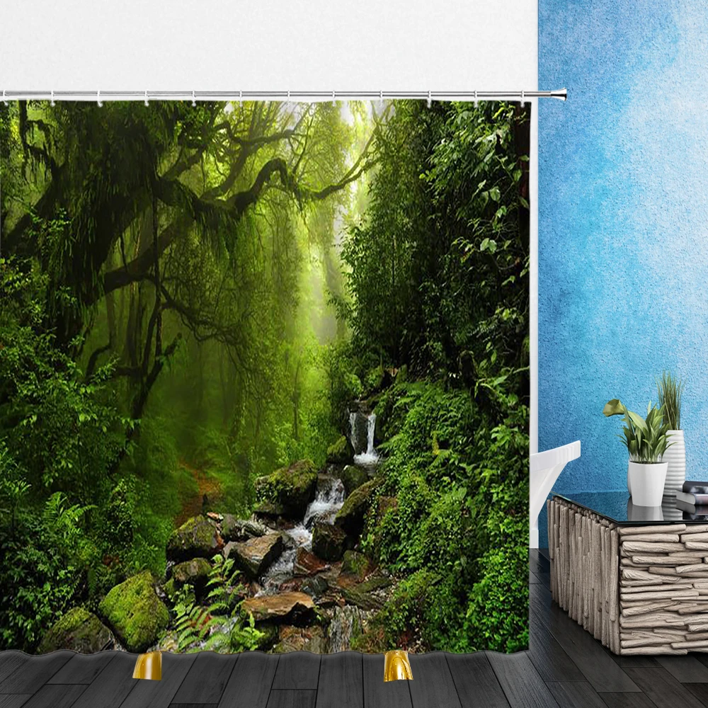 

Landscape Shower Curtains Forest Trees Green plants Waterfall 3D Print Waterproof Bathroom Home Decor Bathtub Polyester Curtain