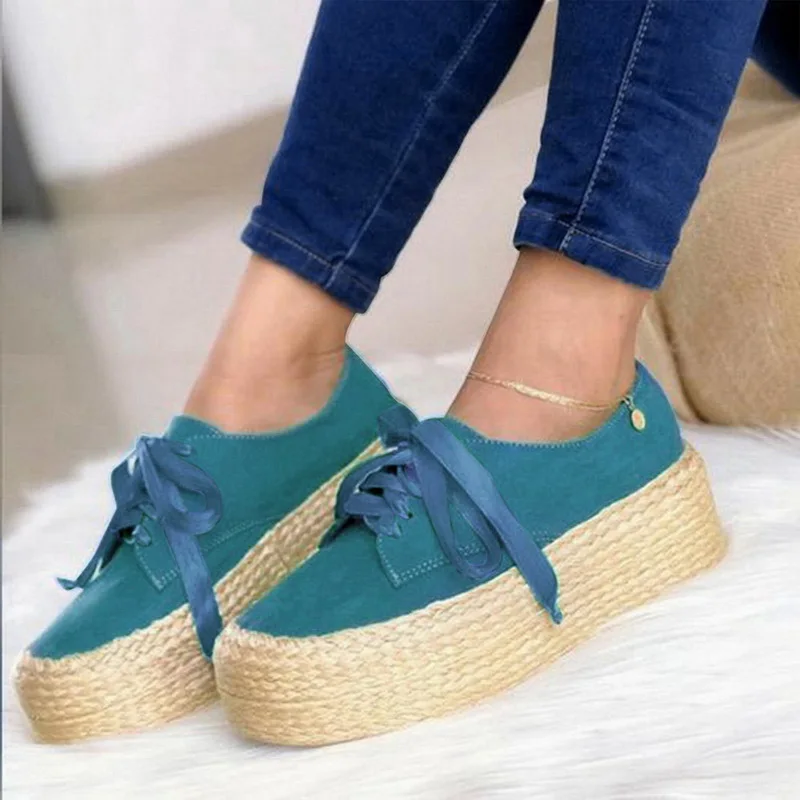 Puimentiua Fashion Women Ladies Espadrille Shoes Canvas Thick bottom Flats Shoes Girls Lace up Round Toe Casual Flats