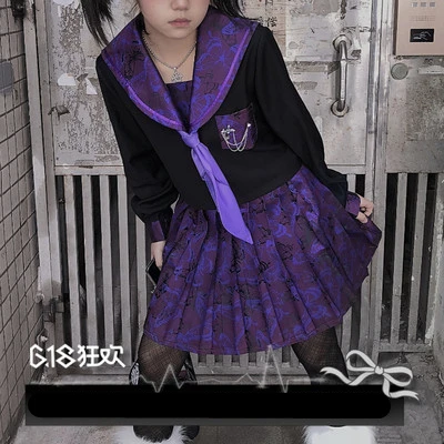 

Gothic Lolita JK Uniform Cool Girl Purple Dark Magic Goth Sailor Suit Punk Pleated Skirt Design Vintage Cute Cartoon Cosplay Cos