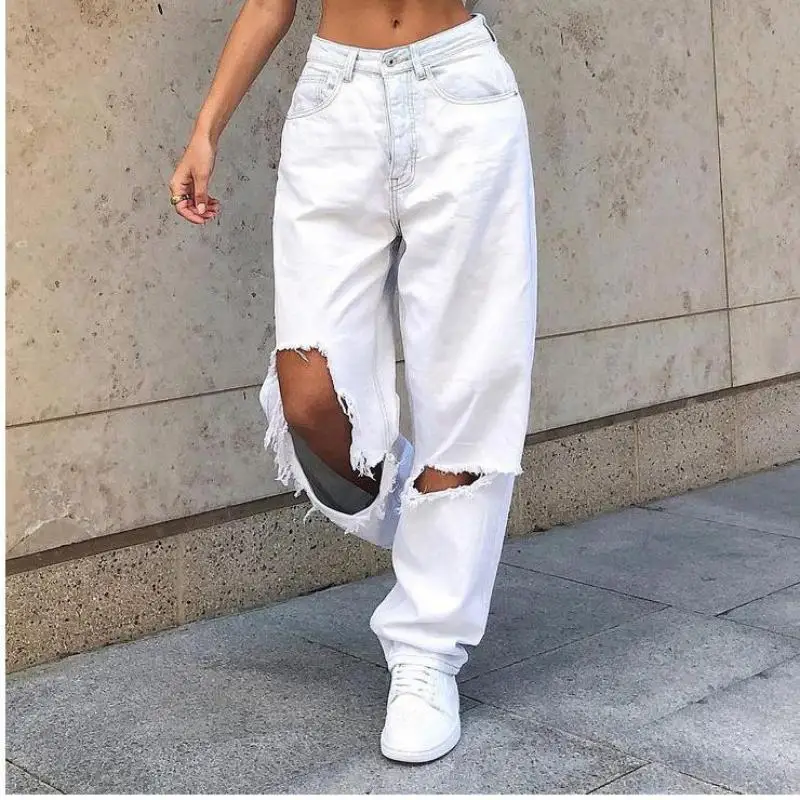 

Women Big Hole Jeans Full Length Women Trousers Casual Loose Zipper Fly Pocket Broeken Woman Plus Size Distressed Wide Leg Pants