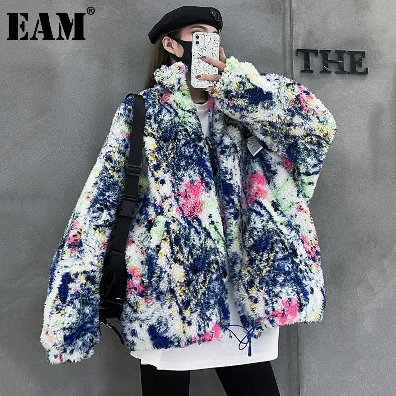 

[EAM] Свободная цветная куртка из овечьей шерсти большого размера, Новое Женское пальто с отворотом и длинным рукавом, модное осенне-зимнее па...