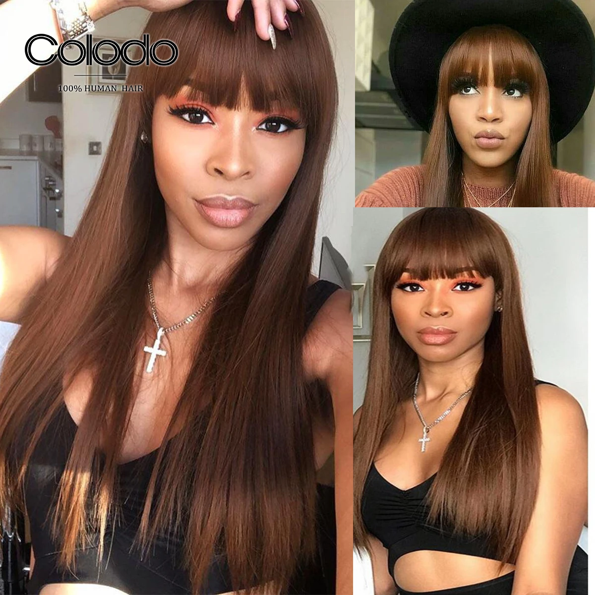 Бразильский парик COLODO Remy 13x4 из прямых синтетических волос с густой челкой 150%