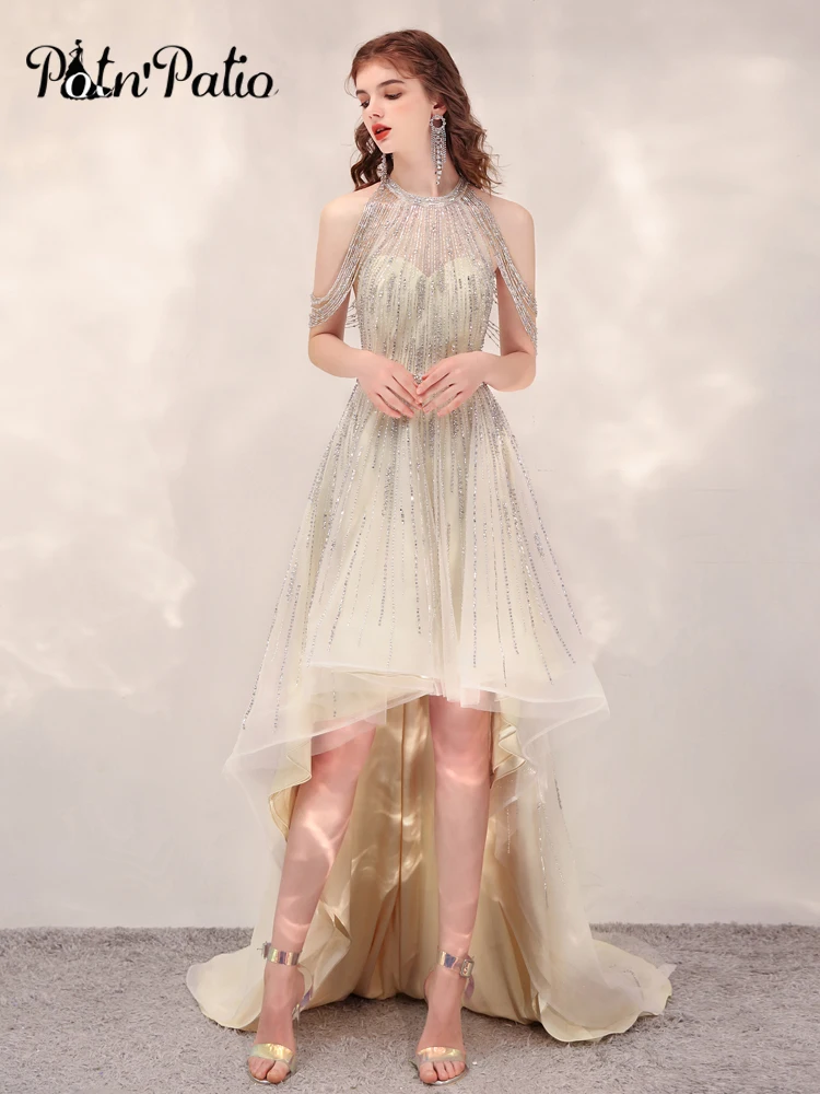 

Luxury Heavy Beaded Prom Gowns 2021 Sexy Halter Short Front Long Back Women Formal Dresses For Birthday Party