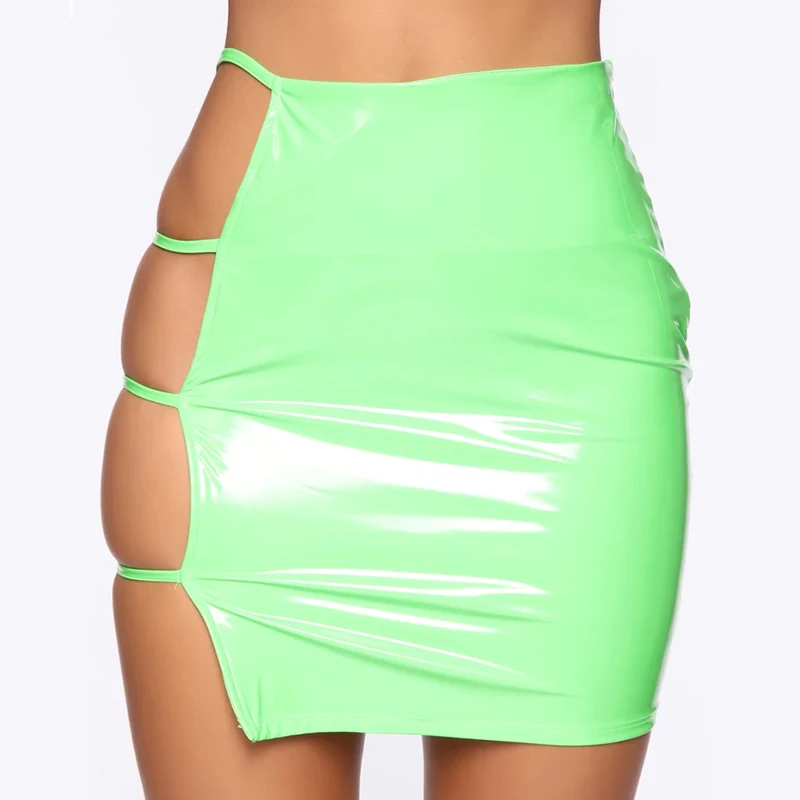 Bkld искусственная кожа Высокая талия Bodycon Оболочка Сексуальная Женская открытая обтягивающая юбка-карандаш неоновый зеленый PU Короткие вечерние Клубные мини-юбки