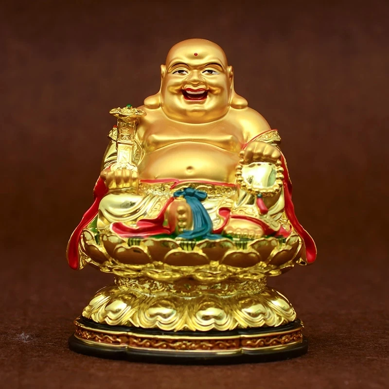 

12cm Resin Glit Gold Lotus Maitreya Statue Tibetan Buddhist Putting Tailsman Figurine Putting Decorate Buddha