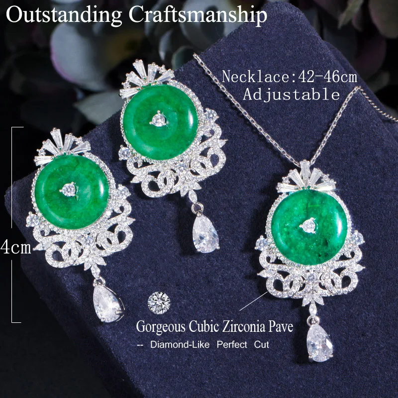 Cwwzircon круглые зеленые фианиты длинные серьги-подвески для люстры ожерелье с
