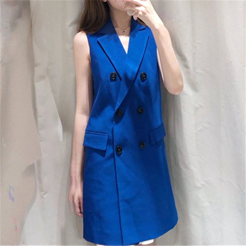 Зимний женский жилет без рукавов блейзер кардиган синий винтажный Блейзер