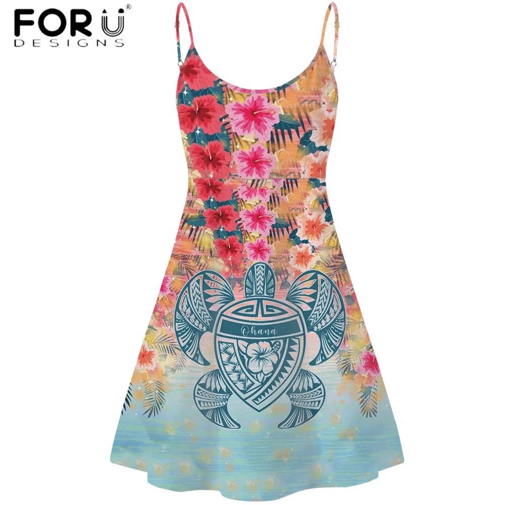 

FORUDESIGNS Women's Summer Beach Dress Hawaiian Polynesian Hibiscus Turtle Printing Female Sleeveless Spaghetti Strap Vestidos