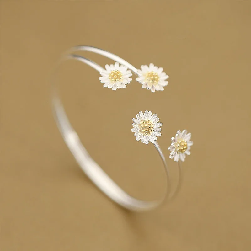 OBEAR Silver Plated Daisy Flower Bangles Open Cuff Bangles & Bracelets Women Wrist Charm Accessories Statement Jewelry