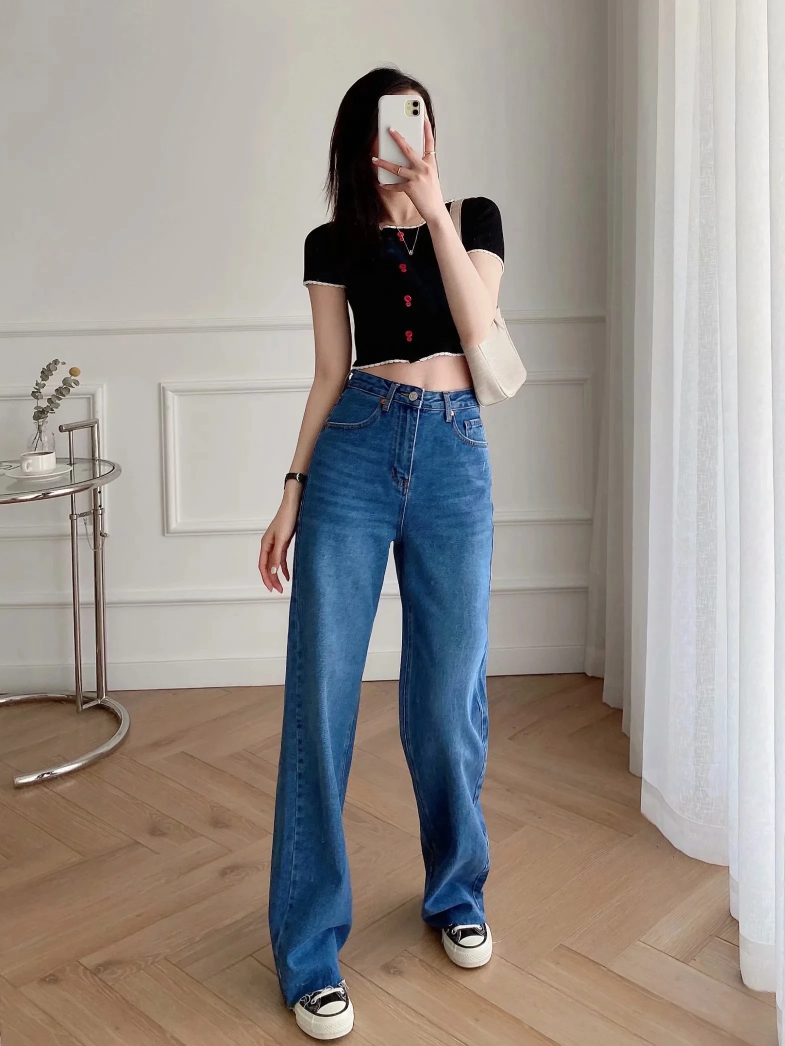 Maxdutti  High Waist Jeans 2021 England Style Vintage Mom Jeans Woman Loose Burrs Boyfriend Jeans For Women Denim Wide Leg Pants