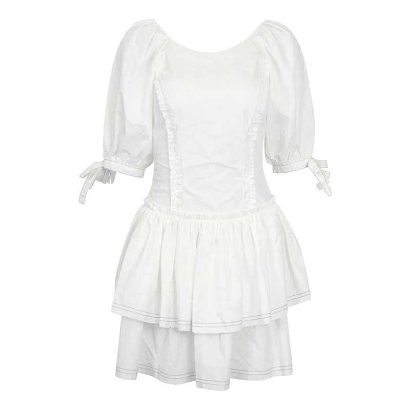 

Puff Sleeve Mini Princess Vintage Dress Women O-Neck Backless Hollow Tie Up Cake Dresses