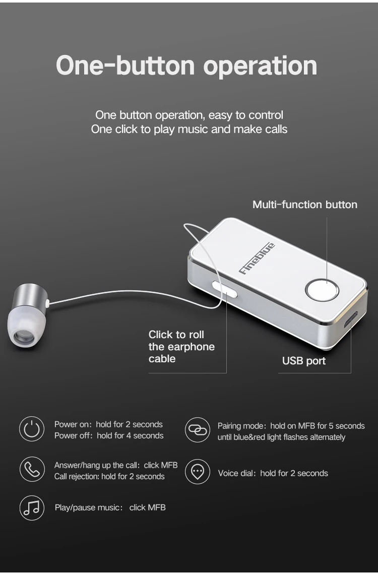 FineBlue F2 беспроводные Bluetooth V5.0 наушники с вибрирующим оповещением и зажимом для смартфона, музыкальная гарнитура