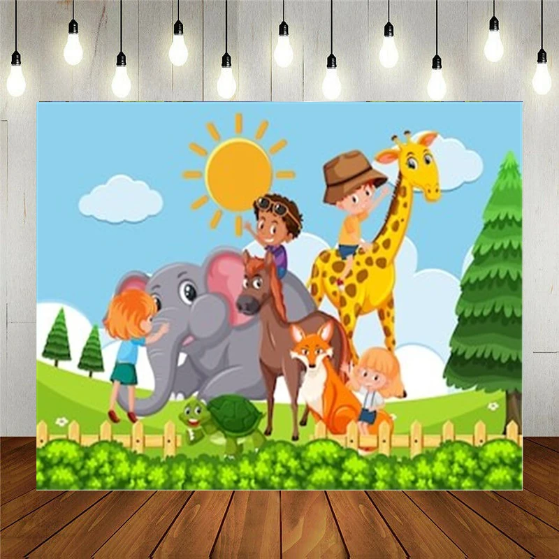 

Photo Studio Props Vinyl Photography Backdrop Children Playing With Wild Animal Kids Birthday Decoration Customizable Text