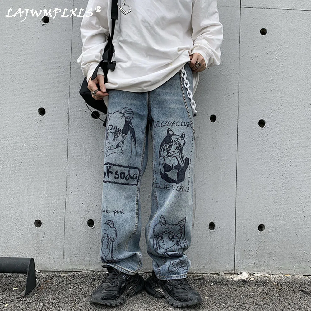 

Винтажные синие джинсы с мультяшным аниме принтом, мужские брюки BF Harajuku, уличная одежда, повседневные Модные свободные женские джинсы с гра...