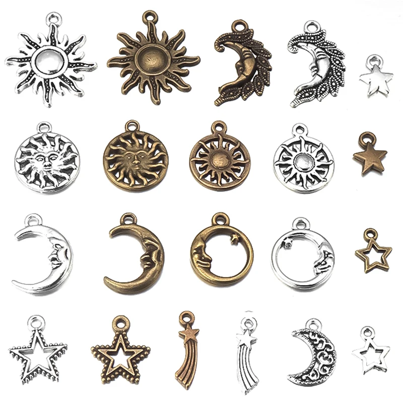 

80pcs Celestial Mixed Style Star Moon Sun Antique Silver Color Mixed Pendants DIY Making Findings Tibetan Handmade Jewelry
