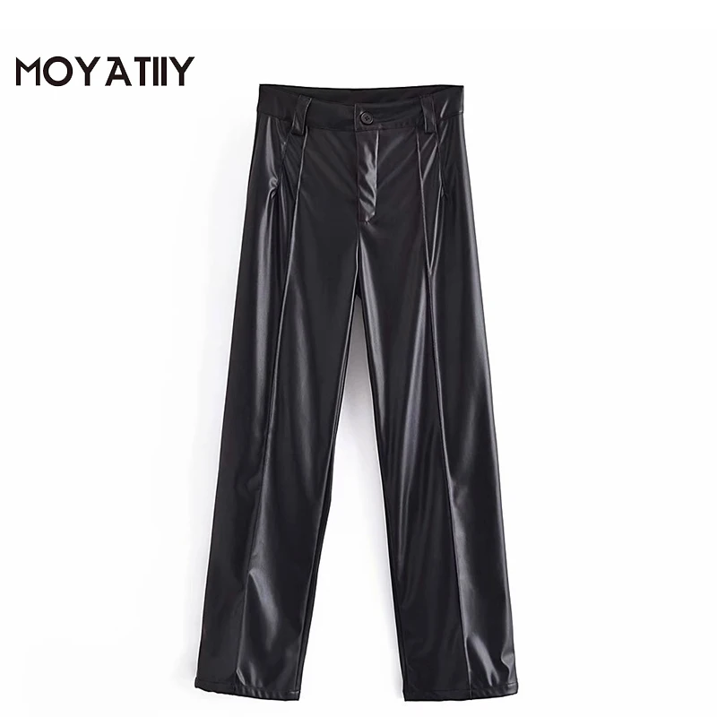 

Женские модные широкие брюки MOYATIIY из искусственной кожи 2022, уличные блестящие черные свободные брюки с молнией, женские брюки