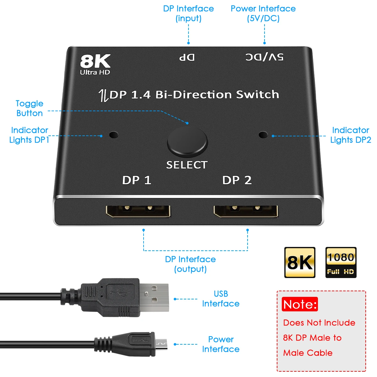 

Displayport 1.4 Switch 144Hz Displayport Bi-direction splitter switcher Displayport 2X1 1X2 Display-port 8K@30Hz,4K@120Hz
