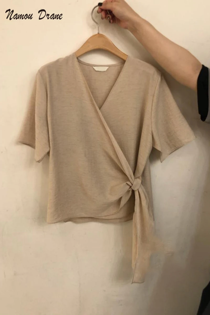 

2021 Summer New Women's Dongdaemun Korean Style Side Lace Hem Solid Color Small V-neck Short-sleeved Shirt Top Blouse Women