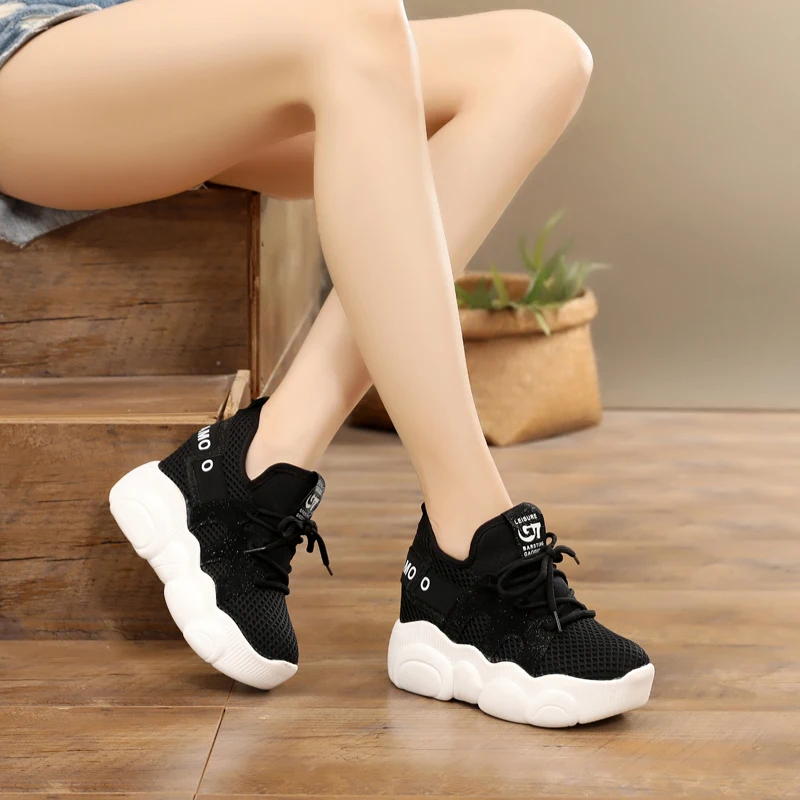 

Women Platform Sneakers Breathable Mesh Black White Sneakers For Woman Summer Shoes 2020 Casual High Heels Female Sneaker Shoes