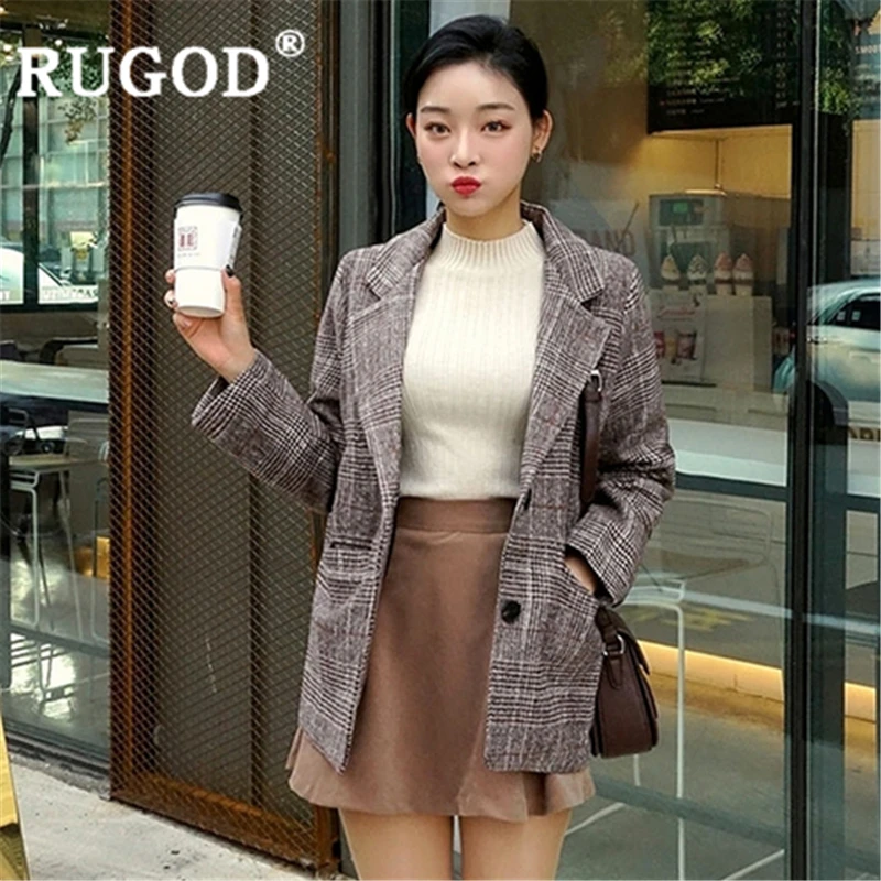 RUGOD 2019 Новое Осеннее поступление клетчатые блейзеры женские шерстяные шикарные