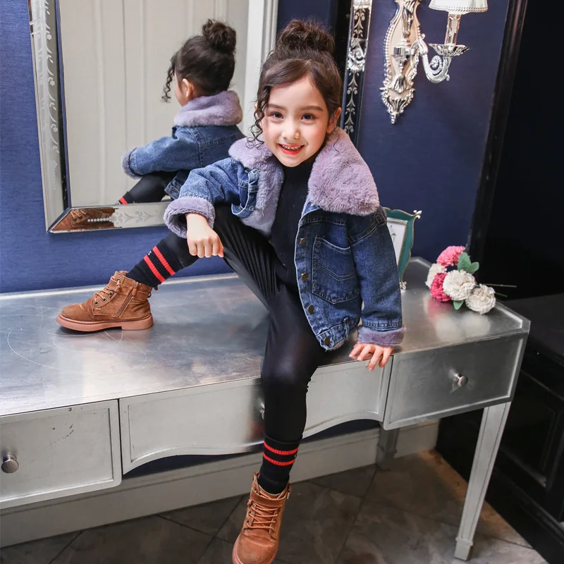 Children's Denim Jacket Girls Winter Fur Collar Plus Velvet Coats Big Kids Fashion Warm Outwear | Детская одежда и обувь