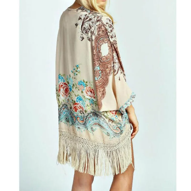 Винтаж для женщин цветочный принт кимоно кардиган этнический стиль рукав