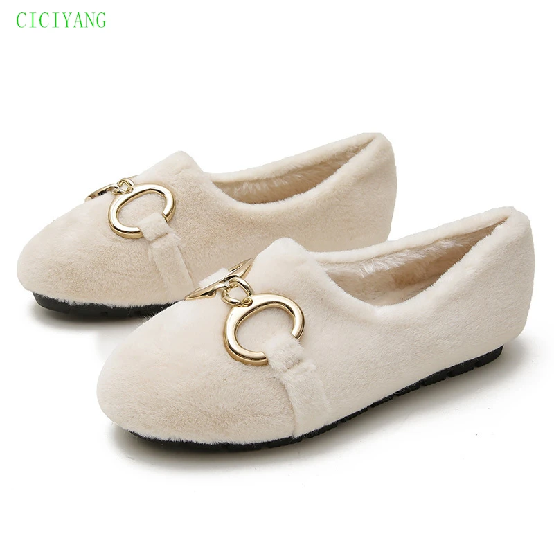 

CICIYANG Women's Furry Fur Indoor Flats 2021 Winter New One Pedal Lamb Hair Peas Shoes Ladies Wool Keep Warm Cotton Shoes 42 43