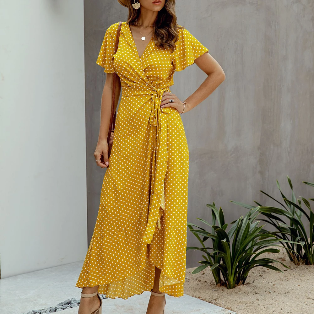 Винтажное длинное женское платье в горошек сексуальные короткие рукава с