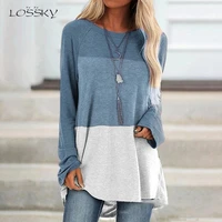 lossky t shirts plus size tops vogue women long sleeve color stitching casual fall clothes oversized tee shirt femme 2019 blusas