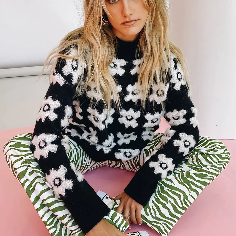 

Women's Knitted Black Casual Flower Long-Sleeved Oversized Pullover Sweater Fall Winter Fashion Thicken Harajuku Vintage Sweater