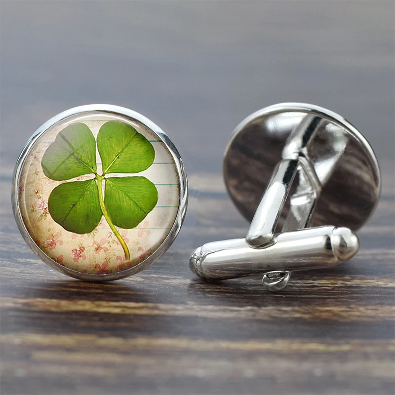 Запонки с четырехлистным клевером зеленые стеклянные запонки в Ирландском стиле