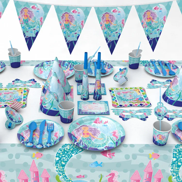 

Second Generation Mermaid Blue Fish Tail Party Decoration Birthday Party Decoration Blue Fish Tail Disposable Tableware Set