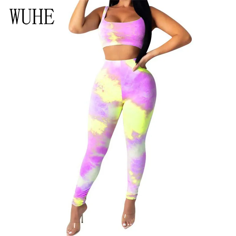 

WUHE Tie Dye Print Sport Outfit Sleeveless Square Collar Strapless Tanks Top Skinny Pencil Pants Fitness Casual Tracksuits 2 Set