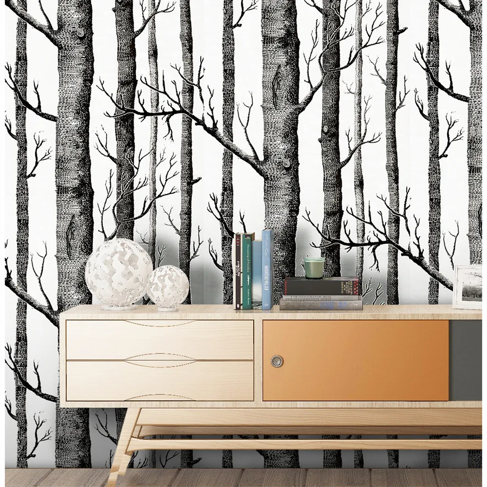 Birch Forest Self-Adhesive 3D Wallpaper For Living Room Bedroom Wall Sticker Vinyl Contact Paper Black White Wood Mural 6m*45cm images - 6