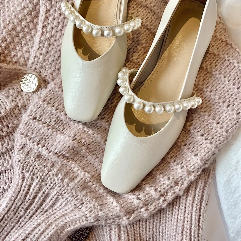 

Handmade Fashion Women Pump Shoes Low Heels New Spring 2021 Genuine Leather Block Heel Pearls Ladies Mary Jane Shoes Big Size 40