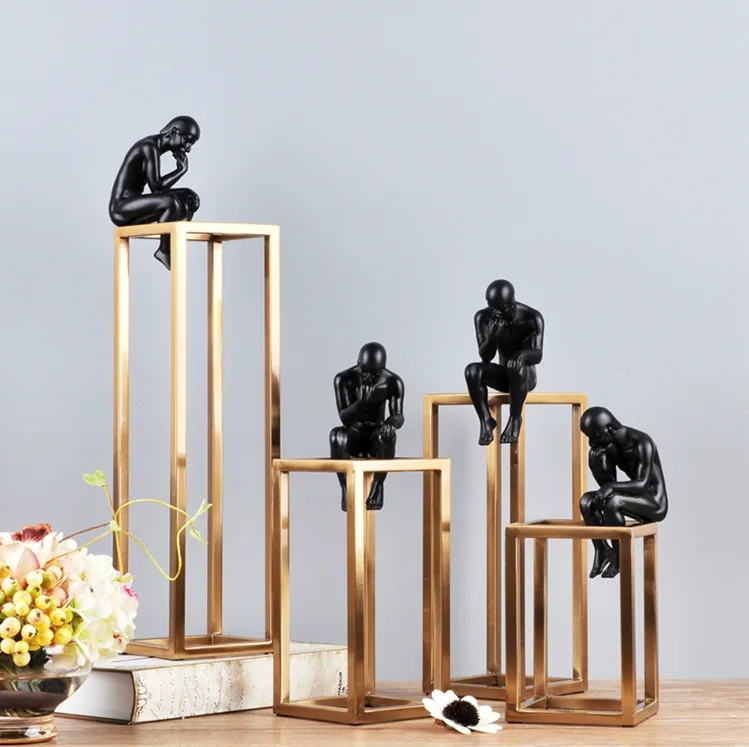 

Modern European Resin Black Thinker Sculpture Square Alloy Bracket Ornaments Crafts Office Study Home Decoration Accessories New