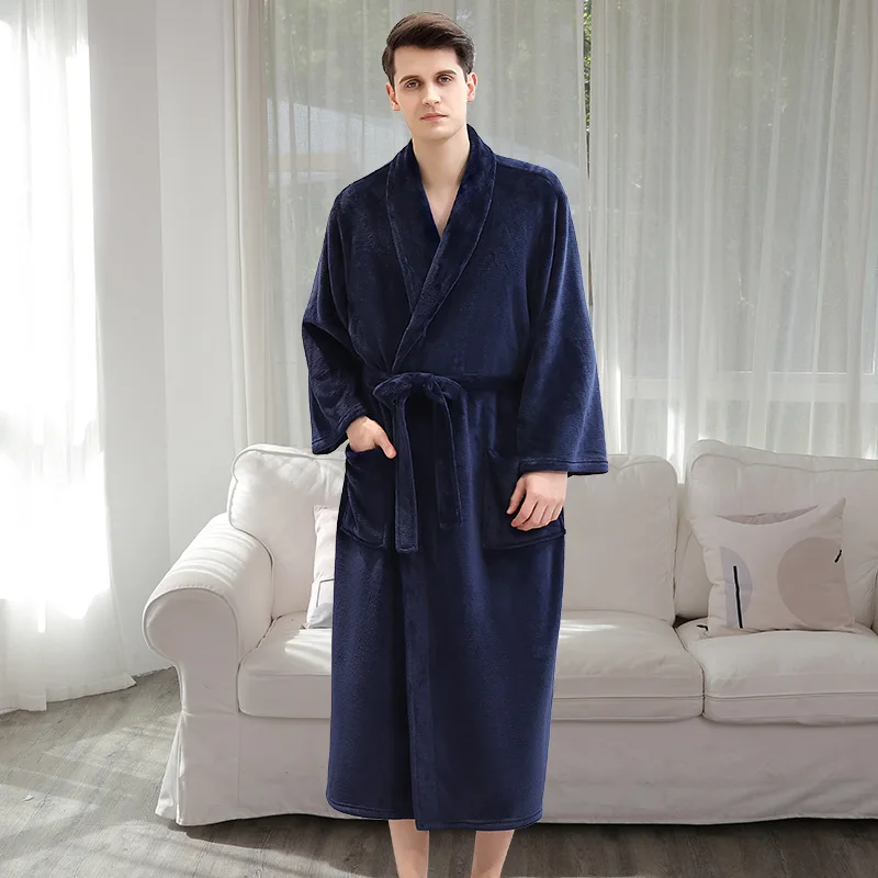 Men Navy XXXL 130 кг плюс большой размер зимний мужской банный халат толстый теплый плед Фланель кимоно дом халат мужской роскошный спальный халат - Цвет: Men Navy