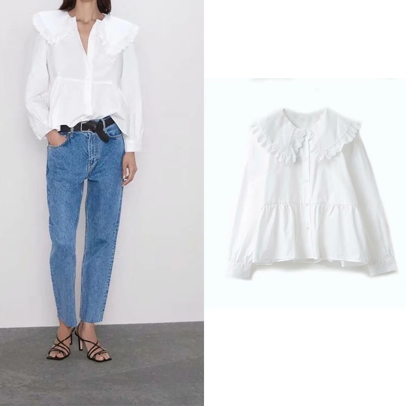 Женская блузка из поплина za однотонная с воротником Питер Пэн и оборками