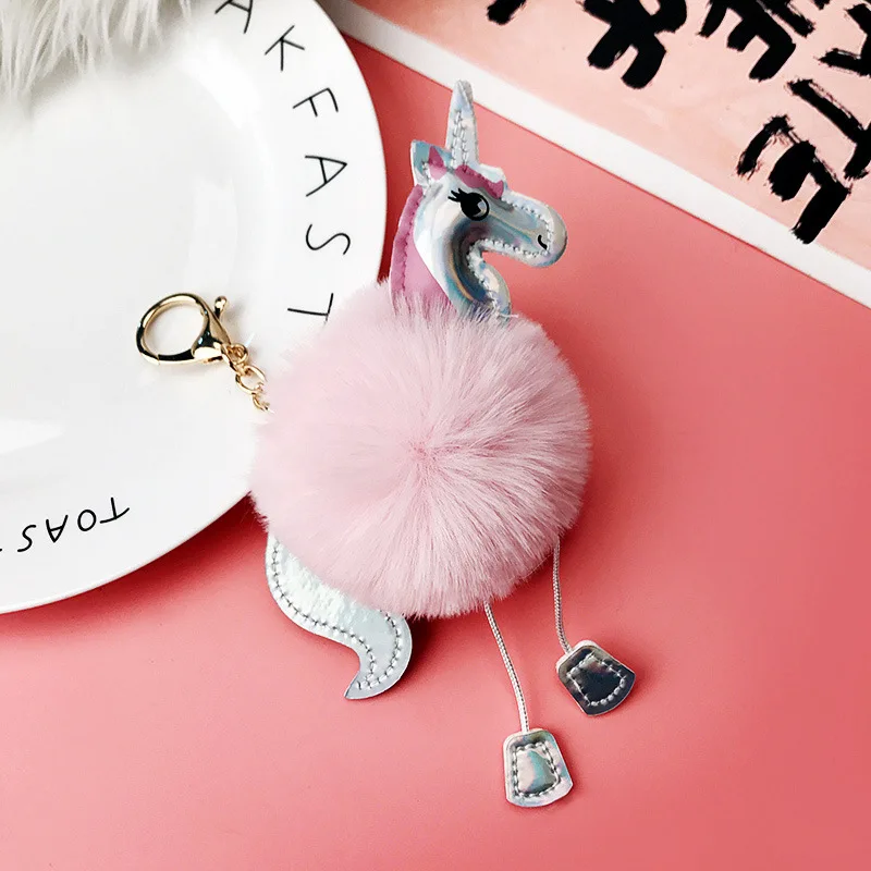Cute Unicorn pompom Keychain Fluffy Fake Rabbit fur ball Keychains For Women Bag Charm Pendant Fashion Car Keyring Birthday gift | Украшения