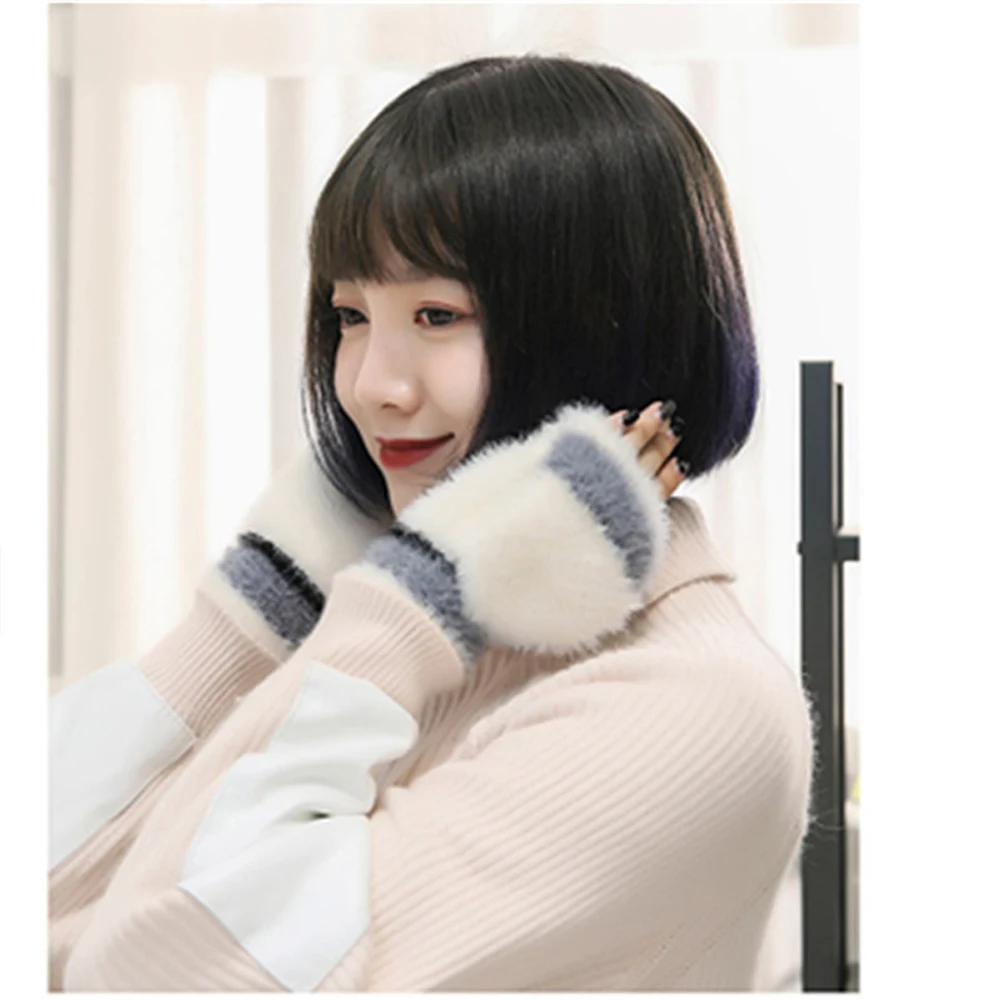 

Women Gloves Mittens Fingerless Faux Fur Free Size Flip Top Stretchy Winter Adult Convertible Student Hand Warmer Fashion