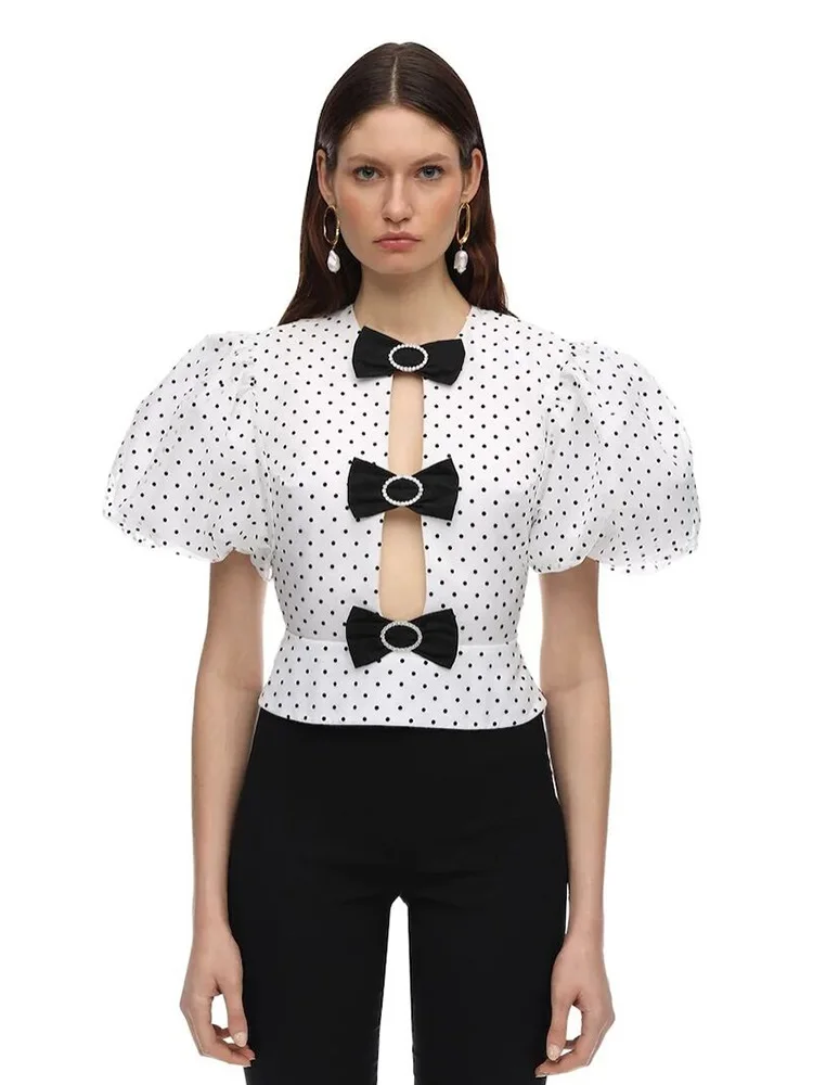 

Free shipping with diamonds bows sexy pierced puff sleeves polka dots shirt ladies summer new fashion personality wild tops XL