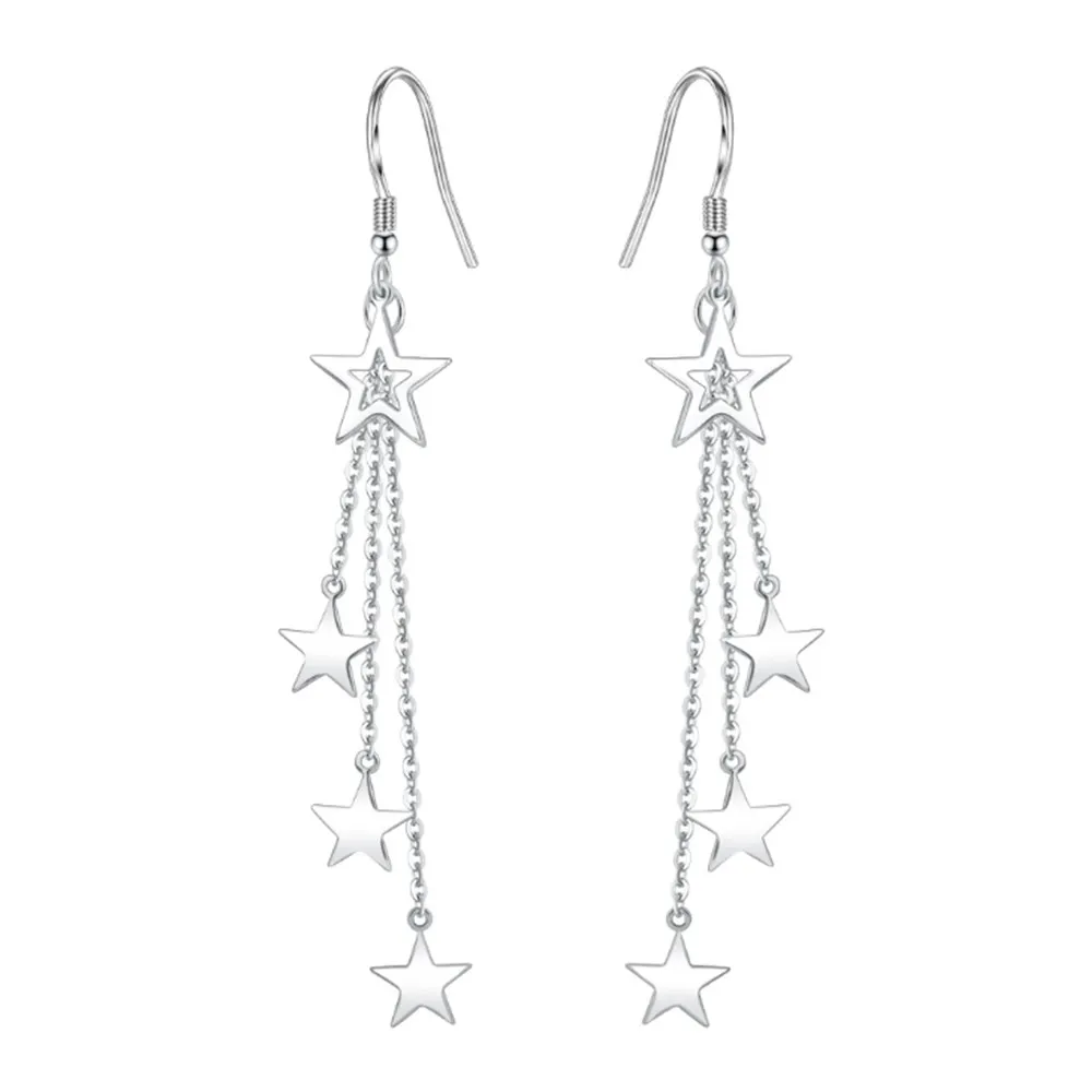 

925 Sterling Silver New Woman Fashion Jewelry High Quality Retro Simple Five-pointed Star Exaggerated Long Tassel Earrings