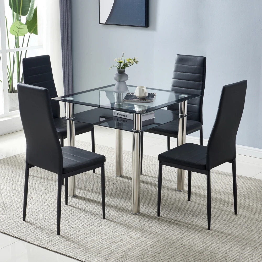 

Dining Table Chairs Set Include 1 2-Layer Square Tempered Glass Dining Table + 4 Elegant High Backrest Dining Chairs Black[US-W]