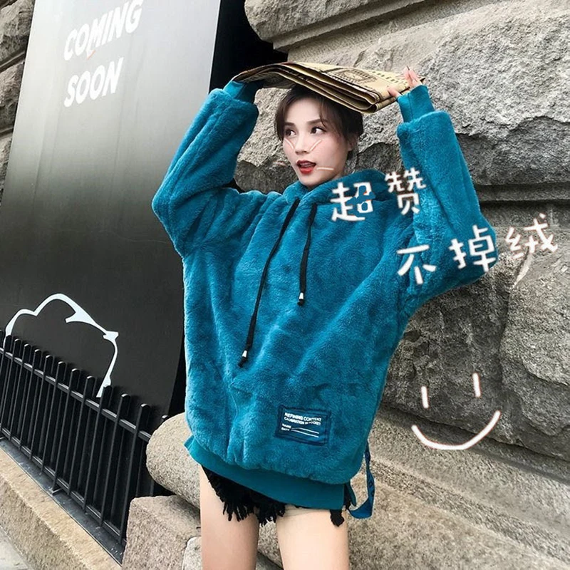 Autumn Winter Coat Women Faux Mink Fur Pullover Loose Casual Warm Hoodies Ladies Fleece Flannel Pullover Female Sweatshirt Pink