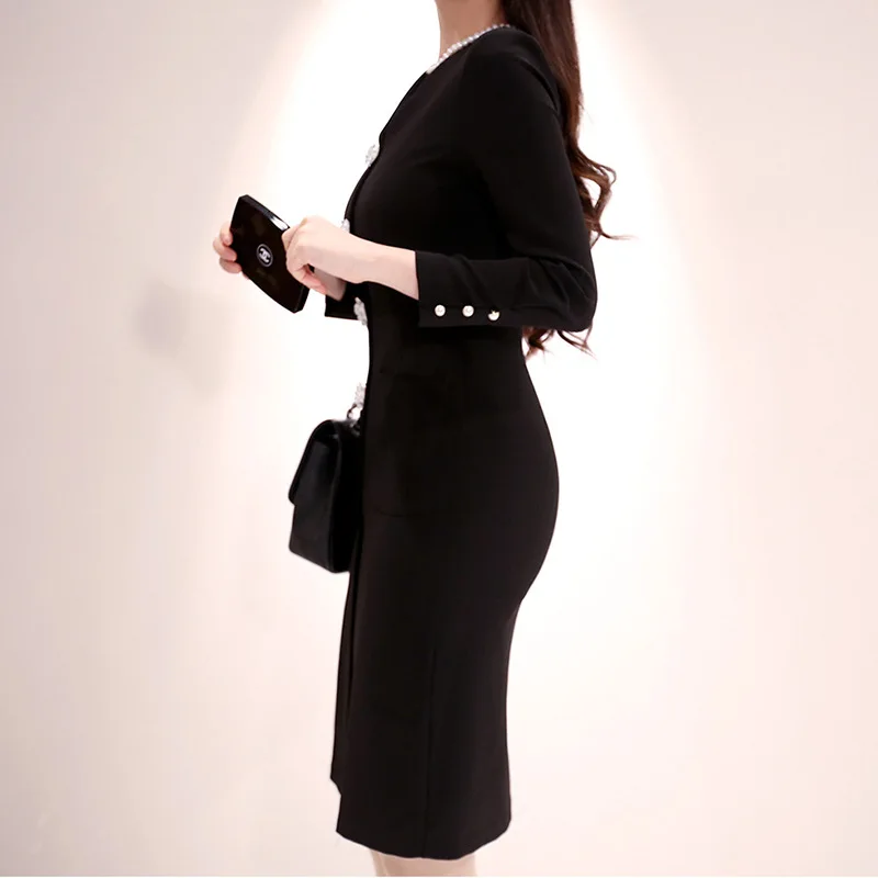 

Solid Spring Winter Pencil Dress Ladies Sheath Modis Autumn Women Singer Breasted Long Sleeve Black Dress Vestido Fiesta Mujer