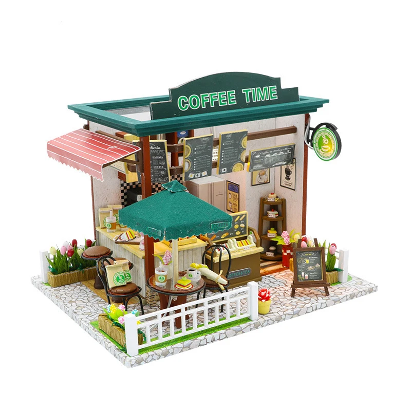 Time cafe-caba&ntilde;a de bricolaje creativa, juguete de regalo de cumplea&ntilde;os, modelo de mini tienda, decoraci&oacute;n, Escena de adorno peque&ntilde;o-0